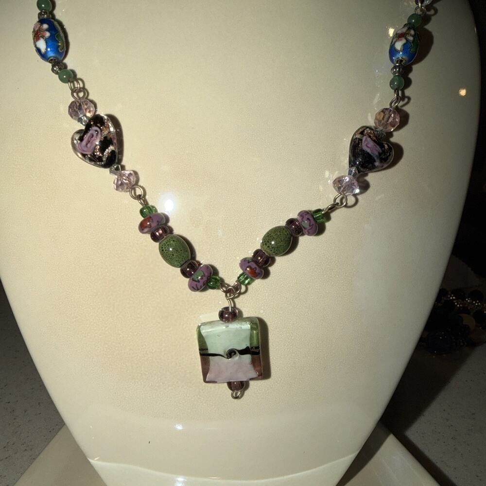 Multi Colored Glass Beaded Necklace 22” With 1” Pendant